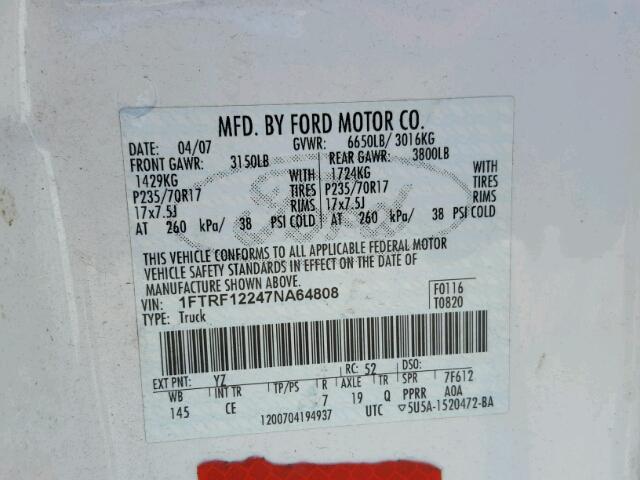 1FTRF12247NA64808 - 2007 FORD F150 WHITE photo 10