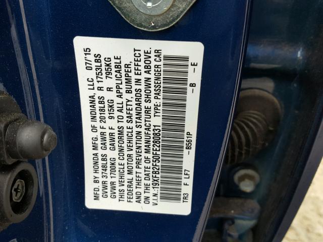 19XFB2F50FE280831 - 2015 HONDA CIVIC LX BLUE photo 10