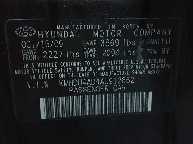 KMHDU4AD4AU912862 - 2010 HYUNDAI ELANTRA BL BLACK photo 10