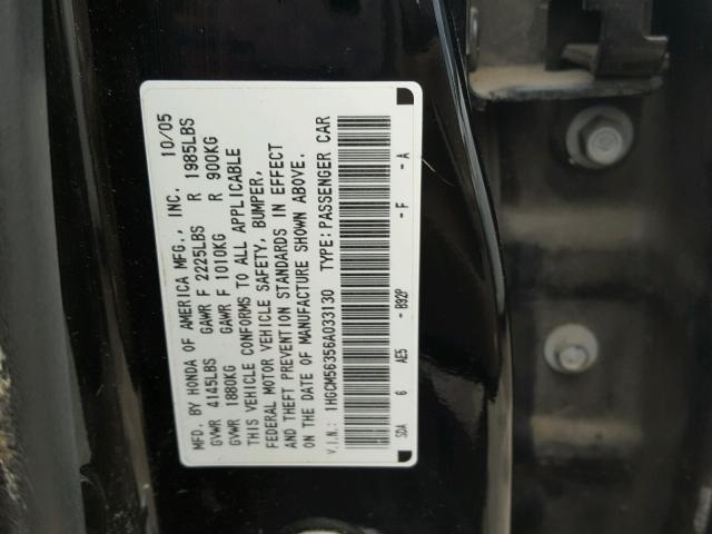 1HGCM56356A033130 - 2006 HONDA ACCORD SE BLACK photo 10