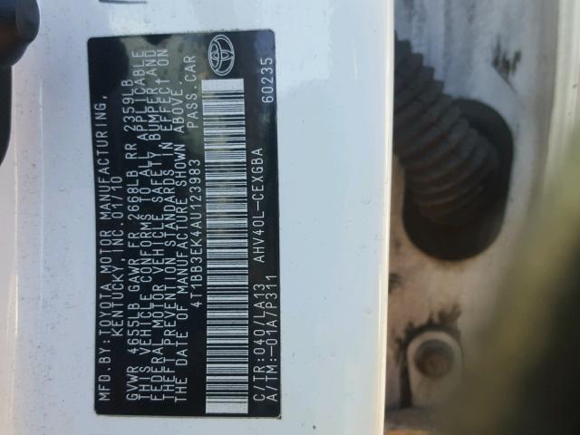 4T1BB3EK4AU123983 - 2010 TOYOTA CAMRY HYBR WHITE photo 10