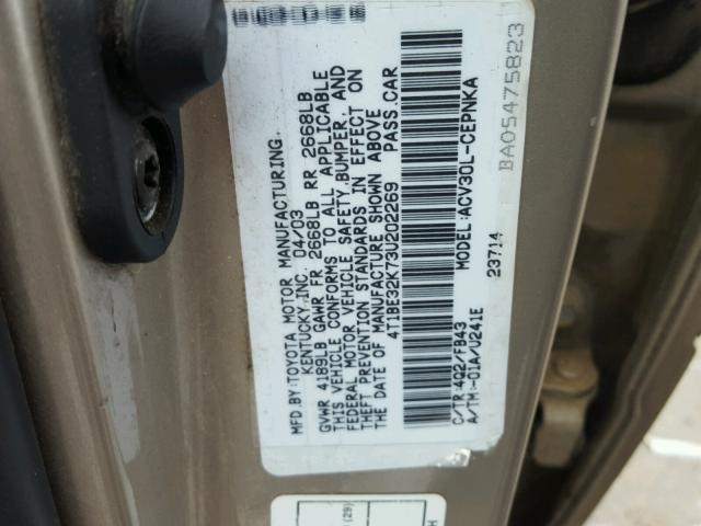 4T1BE32K73U202269 - 2003 TOYOTA CAMRY LE GOLD photo 10