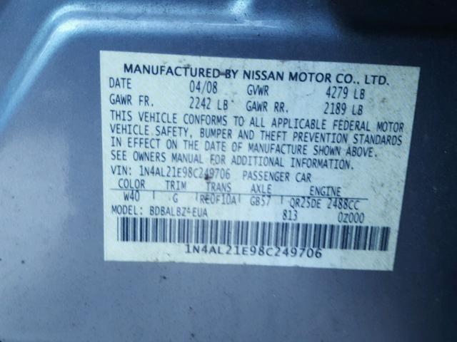 1N4AL21E98C249706 - 2008 NISSAN ALTIMA 2.5 GRAY photo 10