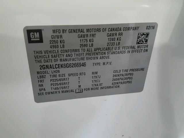 2GNALCEK6G6266946 - 2016 CHEVROLET EQUINOX LT WHITE photo 10