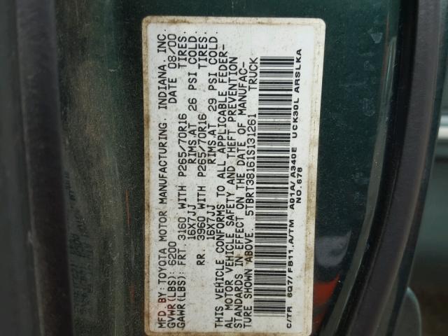 5TBRT38161S131261 - 2001 TOYOTA TUNDRA ACC GREEN photo 10