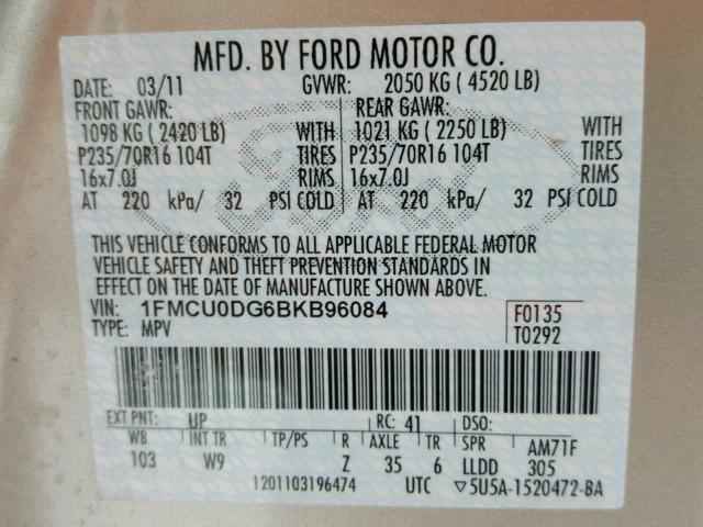 1FMCU0DG6BKB96084 - 2011 FORD ESCAPE XLT BROWN photo 10