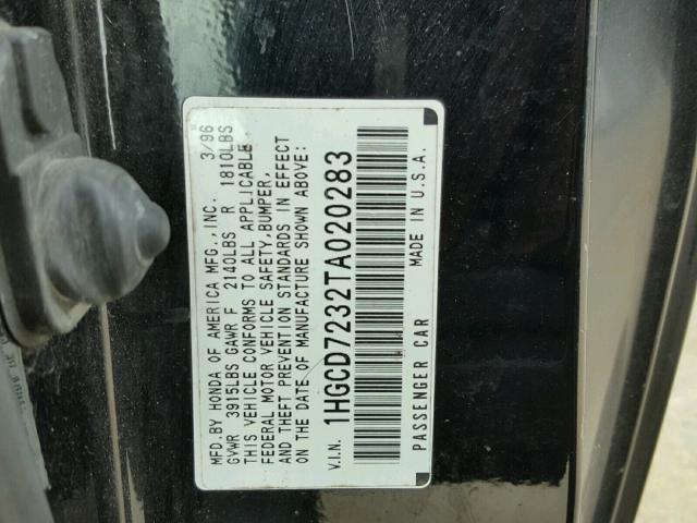 1HGCD7232TA020283 - 1996 HONDA ACCORD LX BLACK photo 10