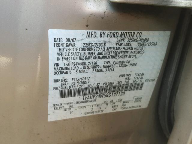 1FAHP24W58G127120 - 2008 FORD TAURUS SEL TAN photo 10