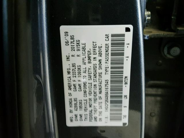 1HGCP26499A167545 - 2009 HONDA ACCORD LXP CHARCOAL photo 10