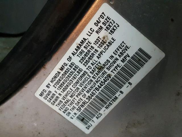 5FNRL38467B445409 - 2007 HONDA ODYSSEY EX SILVER photo 10