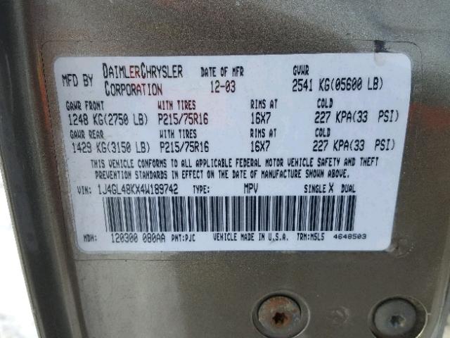 1J4GL48KX4W189742 - 2004 JEEP LIBERTY SP GOLD photo 10