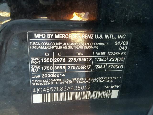 4JGAB57E83A438062 - 2003 MERCEDES-BENZ ML 350 BLACK photo 10