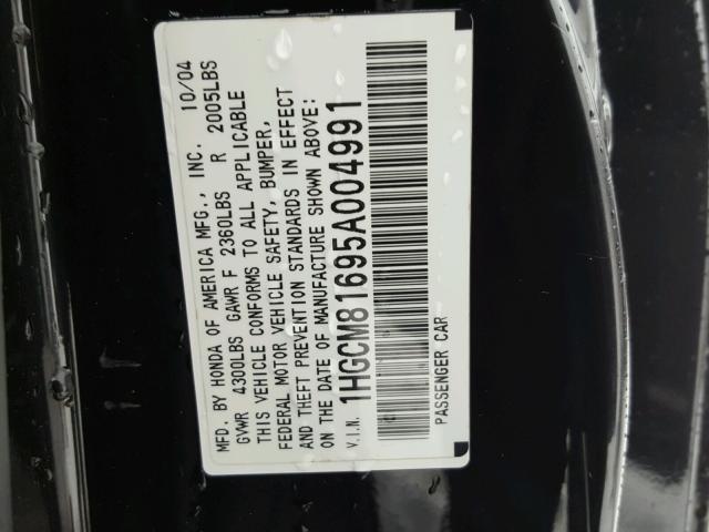 1HGCM81695A004991 - 2005 HONDA ACCORD EX BLACK photo 10