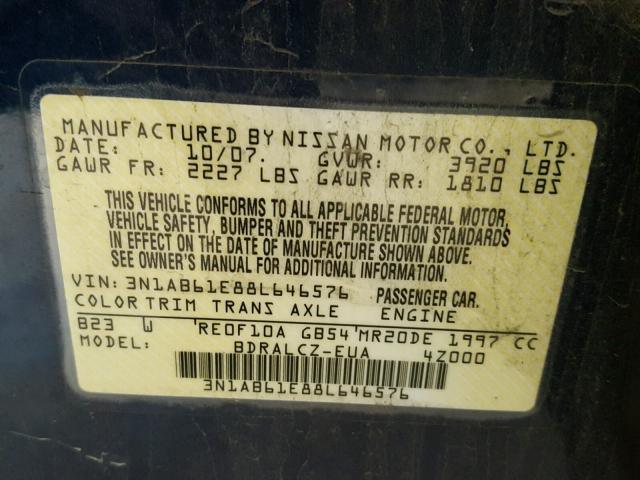 3N1AB61E88L646576 - 2008 NISSAN SENTRA 2.0 BLUE photo 10