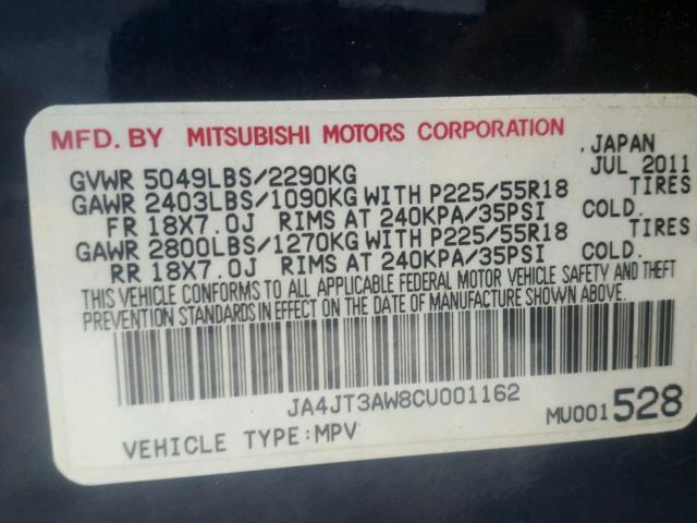 JA4JT3AW8CU001162 - 2012 MITSUBISHI OUTLANDER BLUE photo 10