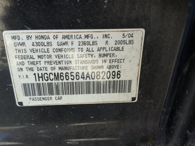 1HGCM66564A082096 - 2004 HONDA ACCORD EX BLACK photo 10