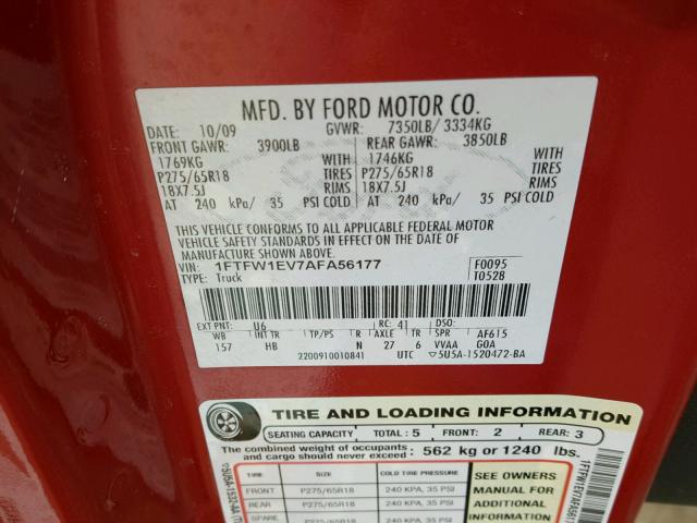 1FTFW1EV7AFA56177 - 2010 FORD F150 SUPER RED photo 10