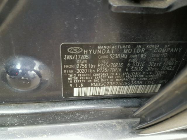 KM8SC73E25U963638 - 2005 HYUNDAI SANTA FE G GRAY photo 10