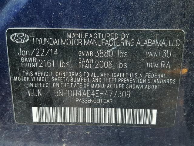 5NPDH4AE4EH477309 - 2014 HYUNDAI ELANTRA SE BLUE photo 10