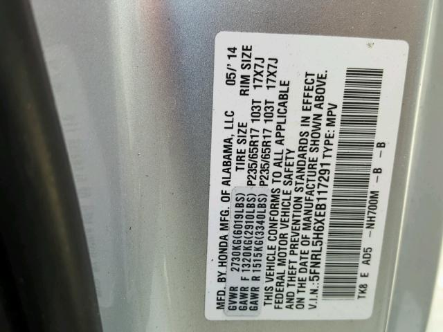 5FNRL5H6XEB117291 - 2014 HONDA ODYSSEY EX SILVER photo 10