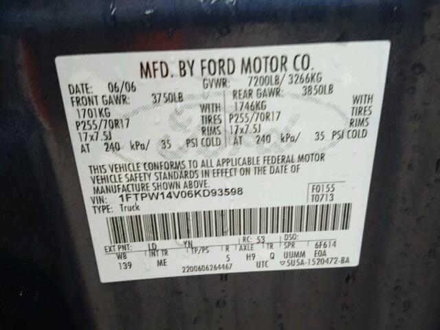 1FTPW14V06KD93598 - 2006 FORD F150 SUPER BLUE photo 10