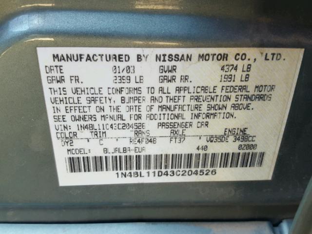 1N4BL11D43C204526 - 2003 NISSAN ALTIMA SE GREEN photo 10