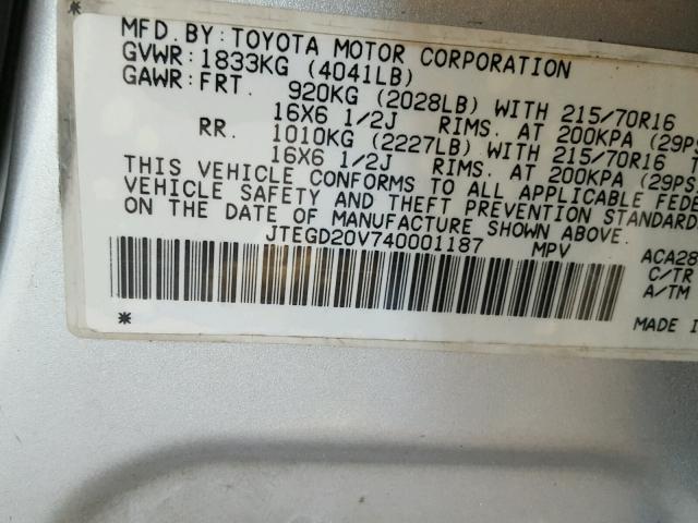 JTEGD20V740001187 - 2004 TOYOTA RAV4 SILVER photo 10