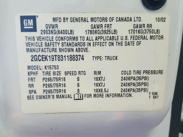 2GCEK19T831188374 - 2003 CHEVROLET SILVERADO WHITE photo 10