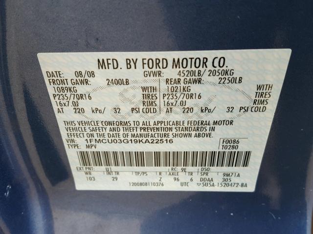 1FMCU03G19KA22516 - 2009 FORD ESCAPE XLT BLUE photo 10