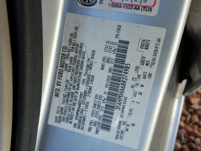 3FAHP0HA6BR274985 - 2011 FORD FUSION SE SILVER photo 10