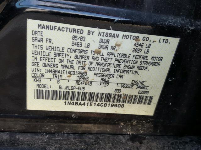 1N4BA41E14C819908 - 2004 NISSAN MAXIMA SE BLACK photo 10