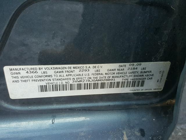 3VWRZ7AJ0AM028891 - 2010 VOLKSWAGEN JETTA SE BLUE photo 10