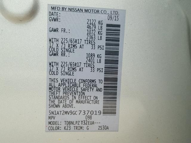 5N1AT2MV9GC737019 - 2016 NISSAN ROGUE S SILVER photo 10