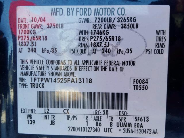 1FTPW14525FA13118 - 2005 FORD F150 SUPER BLUE photo 10