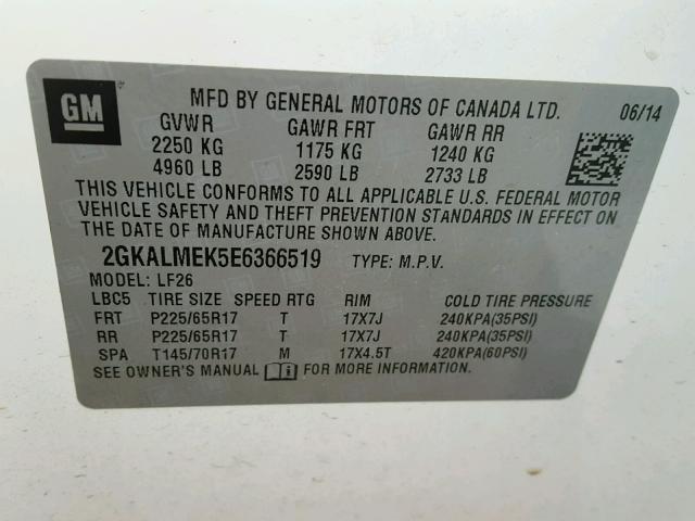 2GKALMEK5E6366519 - 2014 GMC TERRAIN SL WHITE photo 10