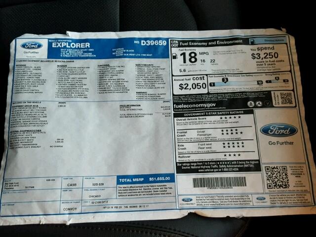 1FM5K8GT0HGD39659 - 2017 FORD EXPLORER S BLACK photo 9