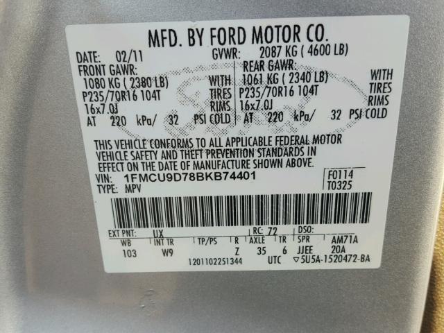 1FMCU9D78BKB74401 - 2011 FORD ESCAPE XLT SILVER photo 10