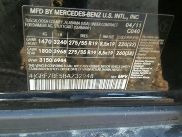 4JGBF7BE5BA732948 - 2011 MERCEDES-BENZ GL 450 4MA BLACK photo 10