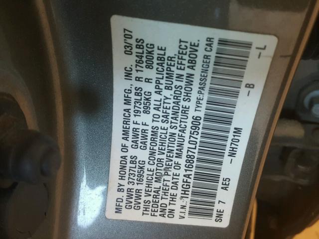 1HGFA16887L075906 - 2007 HONDA CIVIC EX ოქროსფერი ფოტო 10