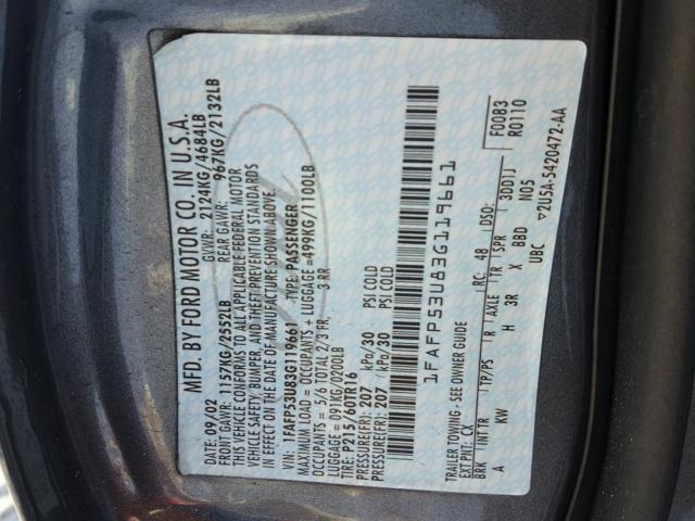 1FAFP53U83G119661 - 2003 FORD TAURUS SE GRAY photo 10