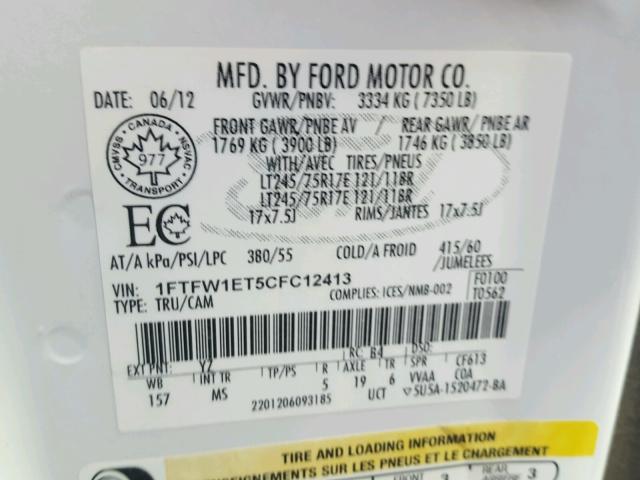 1FTFW1ET5CFC12413 - 2012 FORD F150 SUPER WHITE photo 10