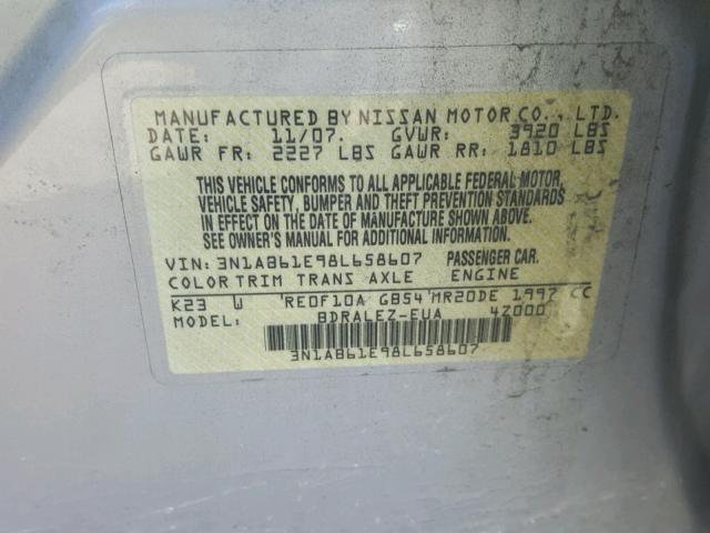 3N1AB61E98L658607 - 2008 NISSAN SENTRA 2.0 SILVER photo 10