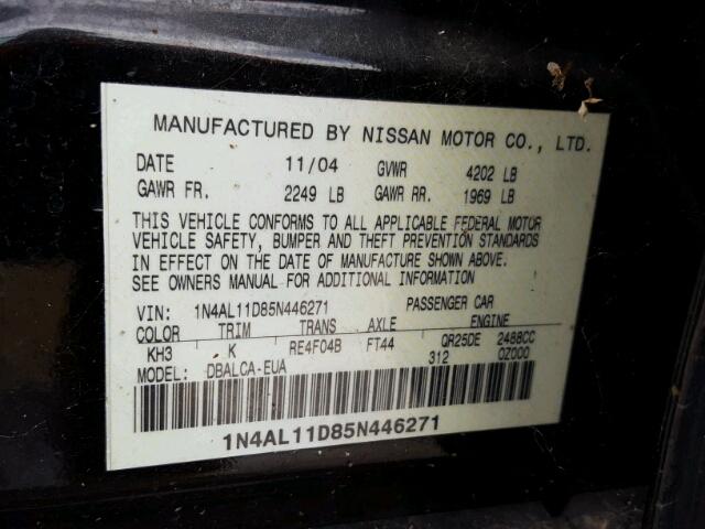 1N4AL11D85N446271 - 2005 NISSAN ALTIMA S GRAY photo 10