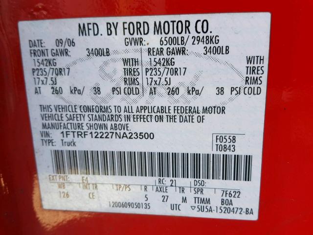 1FTRF12227NA23500 - 2007 FORD F150 RED photo 10