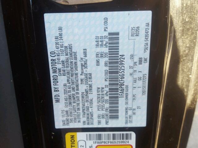 1FA6P8CF6G5259924 - 2016 FORD MUSTANG GT BLACK photo 10