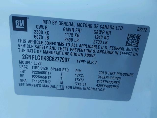 2GNFLGEK8C6277907 - 2012 CHEVROLET EQUINOX LT WHITE photo 10