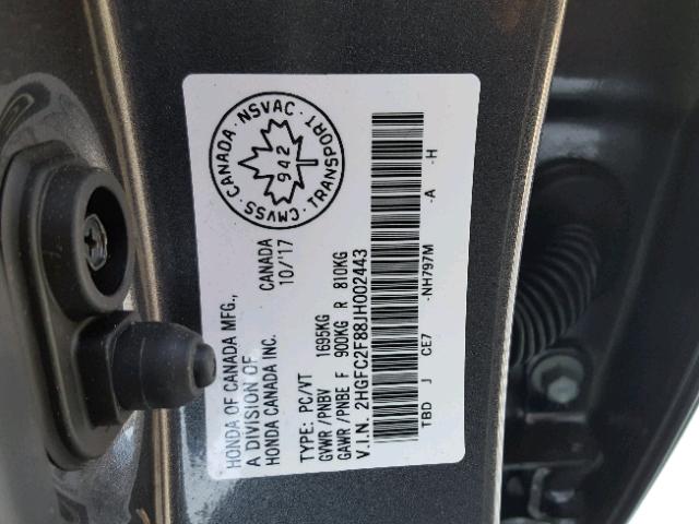 2HGFC2F88JH002443 - 2018 HONDA CIVIC EX ნაცრისფერი ფოტო 10