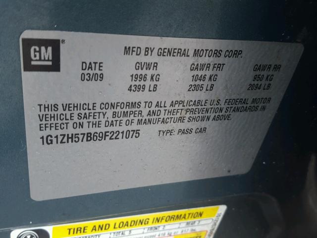 1G1ZH57B69F221075 - 2009 CHEVROLET MALIBU 1LT ტალღისფერი ფოტო 10