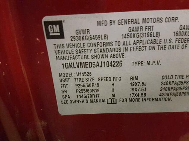 1GKLVMED5AJ104226 - 2010 GMC ACADIA SLT წითელი ფოტო 10