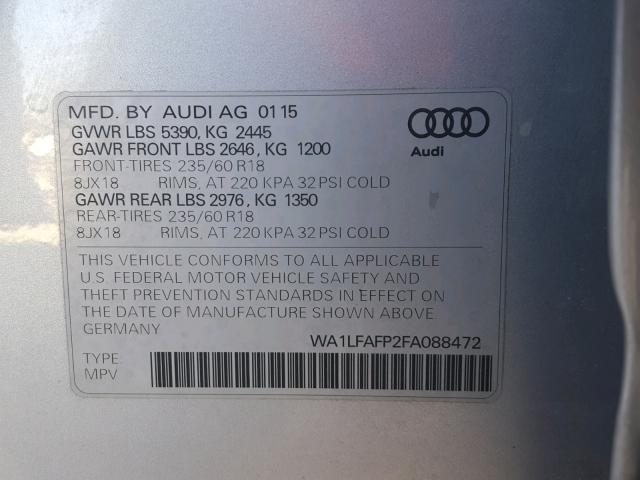 WA1LFAFP2FA088472 - 2015 AUDI Q5 PREMIUM SILVER photo 10